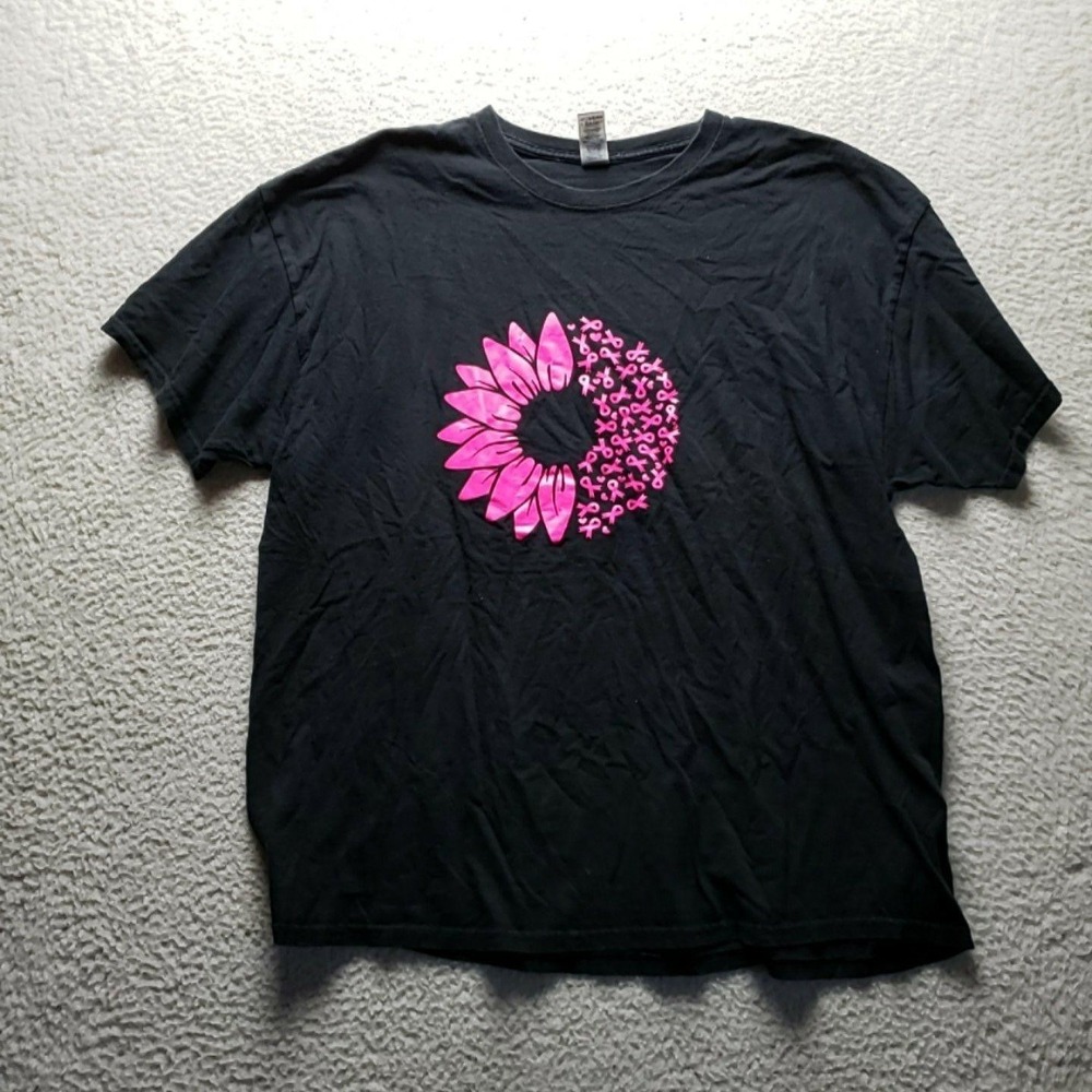 Gildan Shirt Mens 2XL Black Pink Sunflower Breast Cancer Ribbon Graphic Tee